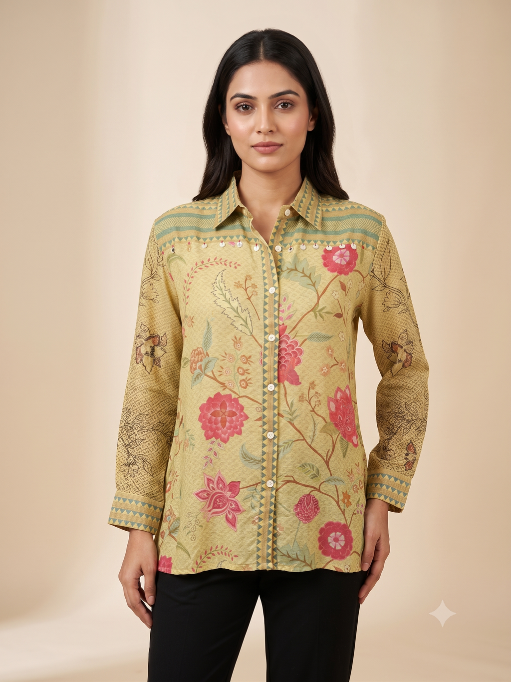 Earthy Floral Crape Tunic Shirt with Charm Detail