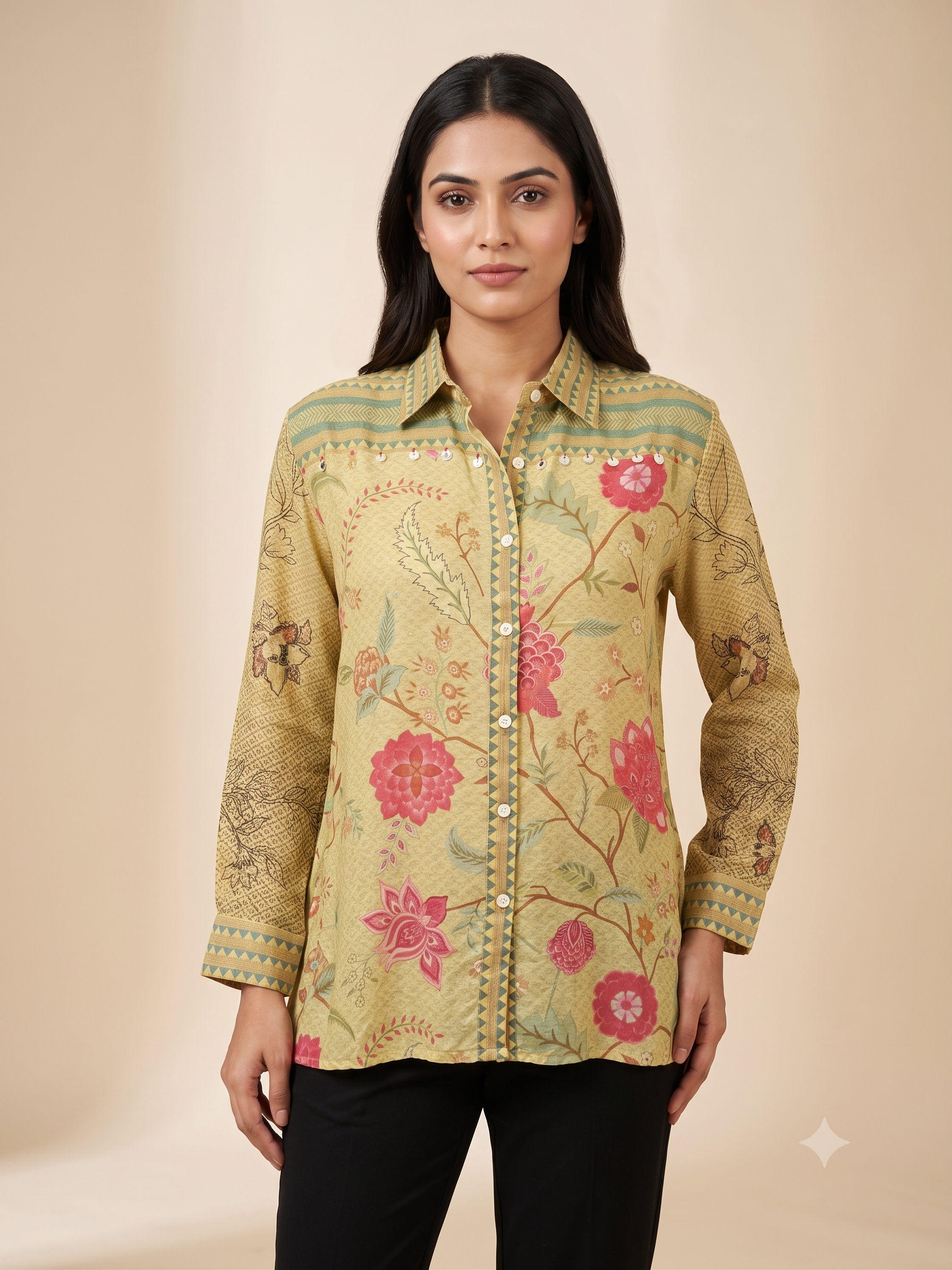 Earthy Floral Crape Tunic Shirt with Charm Detail