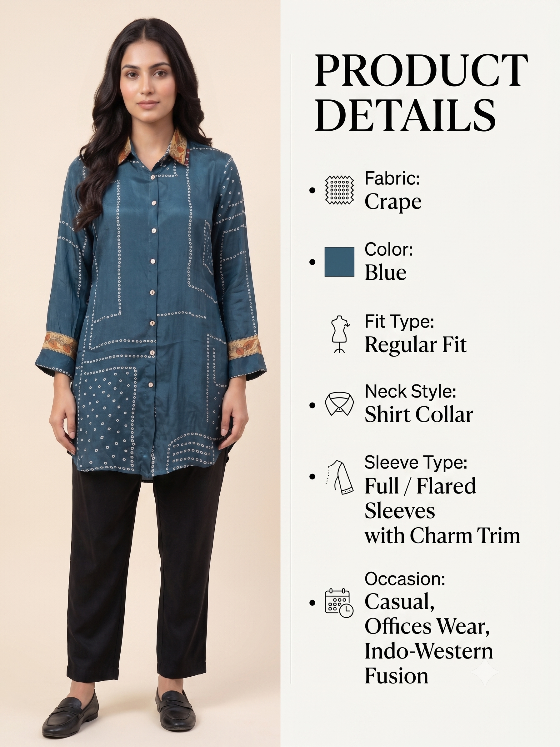 Women’s Blue Printed Crepe Indo-Western Tunic Top with Shirt Collar & Printed Trim