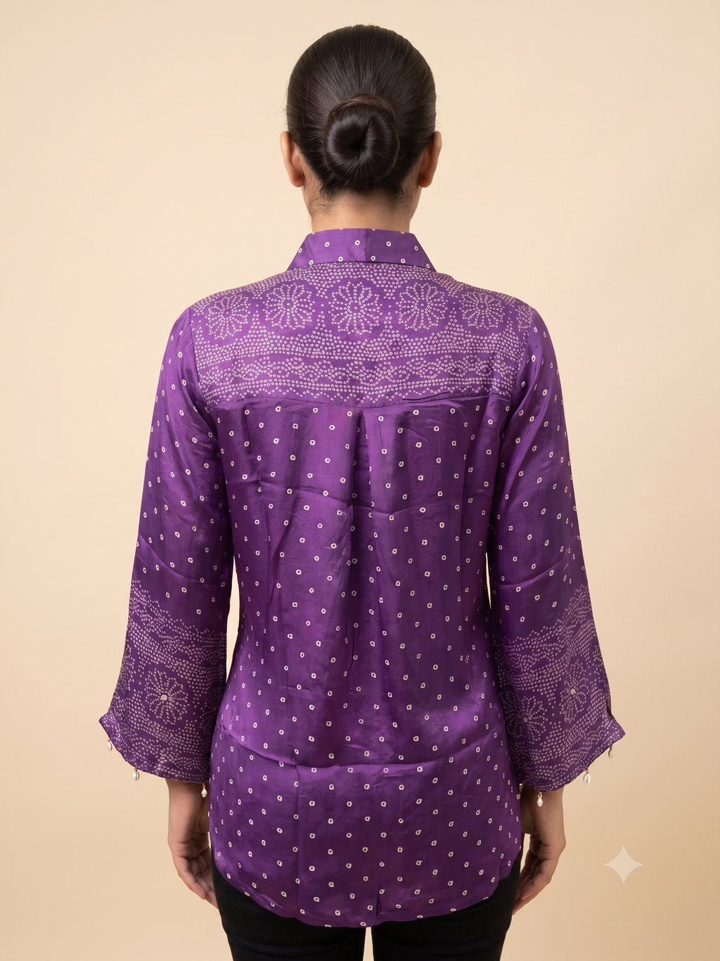 Purple Bandhani Print Crape Tunic Shirt with Charm Trim