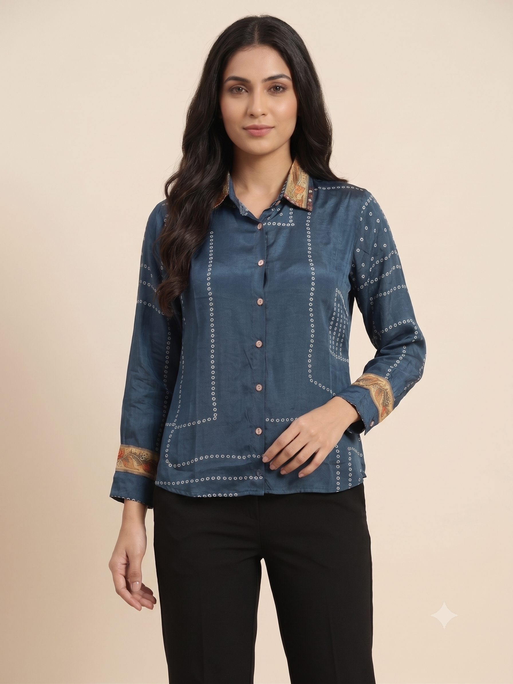 Women’s Blue Printed Crepe Indo-Western Tunic Top with Shirt Collar & Printed Trim