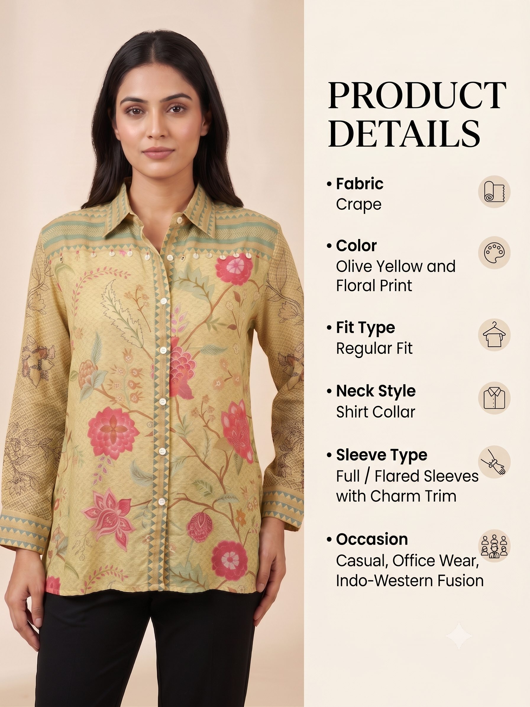 Earthy Floral Crape Tunic Shirt with Charm Detail