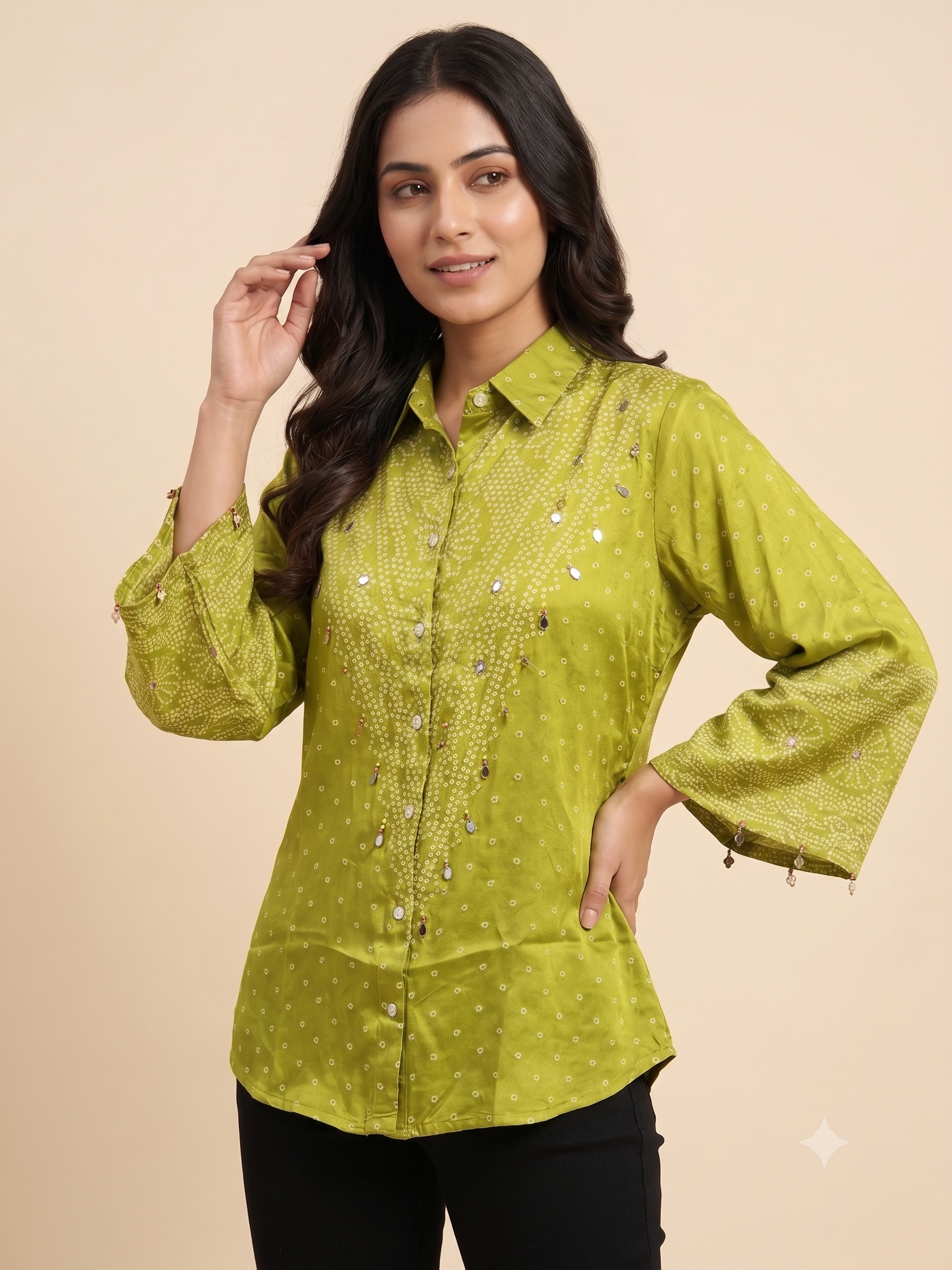 Olive Green Bandhani Print Satin Shirt & Flared Sleeves.