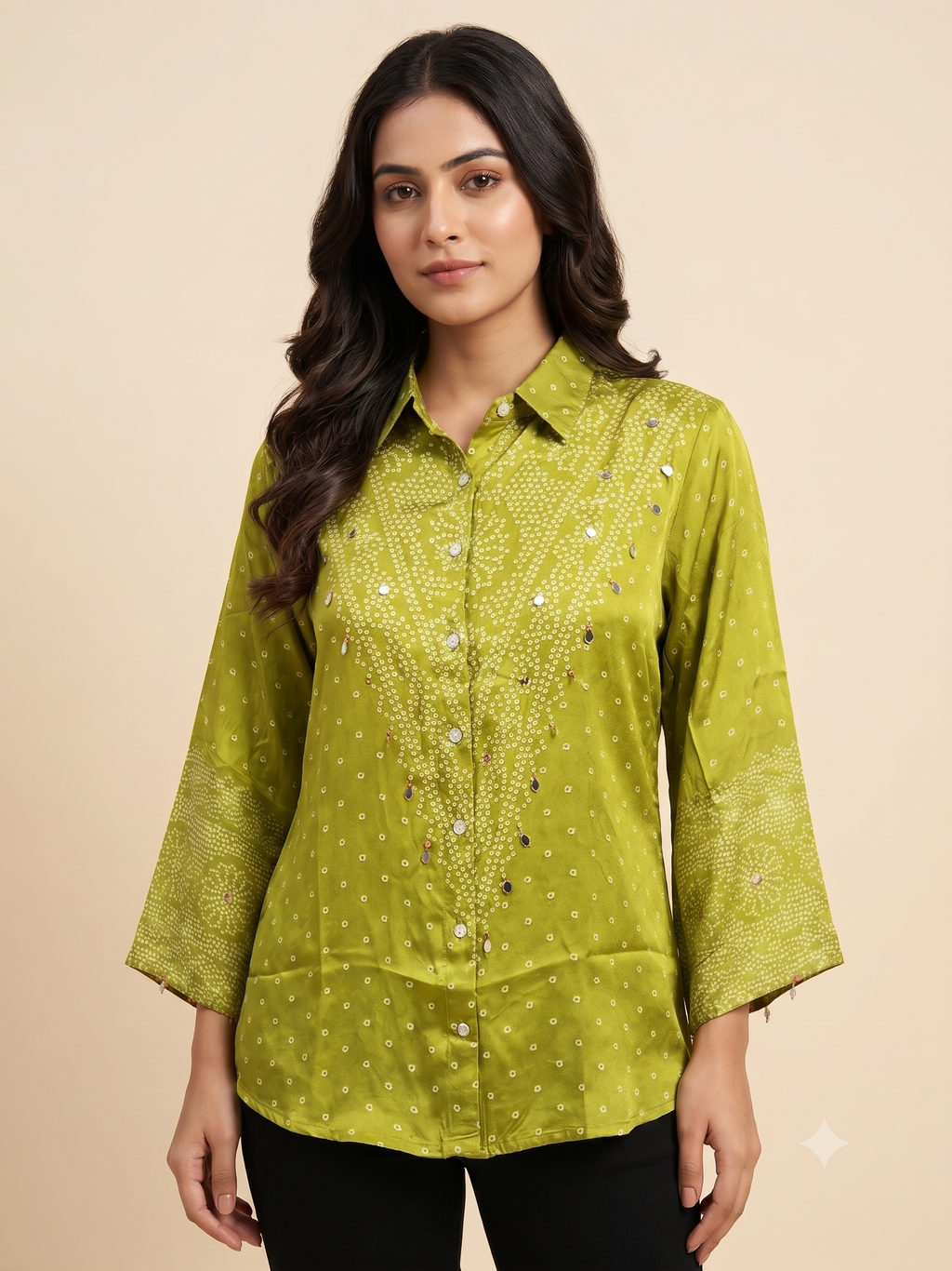Olive Green Bandhani Print Satin Shirt & Flared Sleeves.