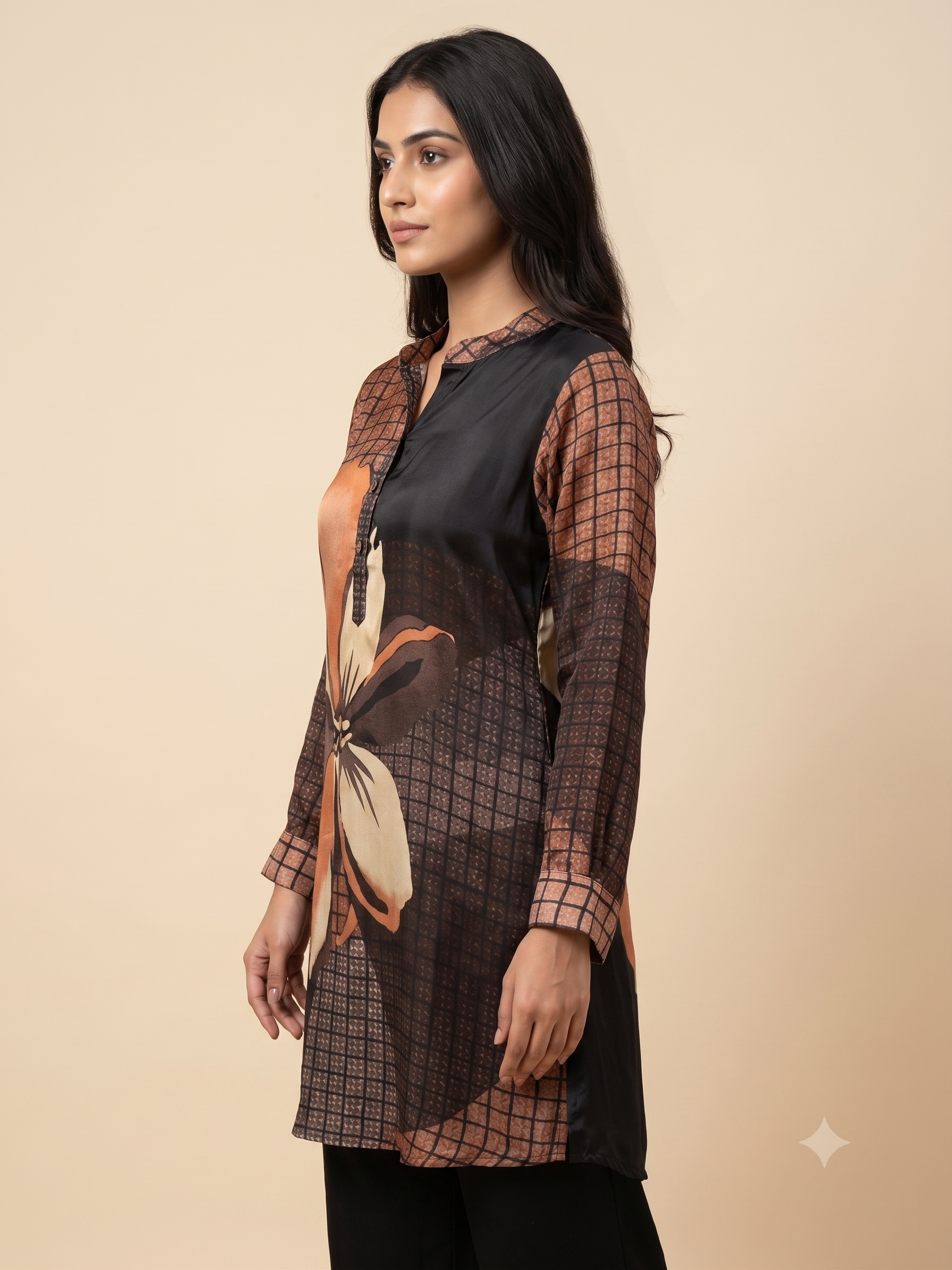 Women's Printed Silk Tunic Shirt with Collar Embellishment