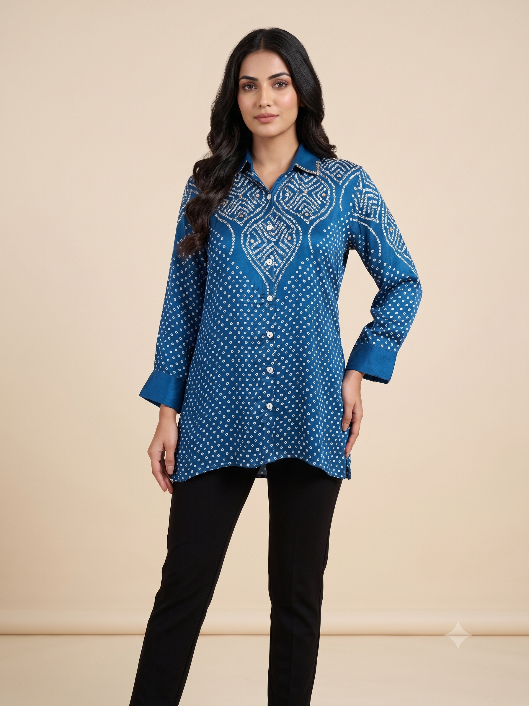 Women's Crape Bandhani Printed Indo-Western Tunic Top