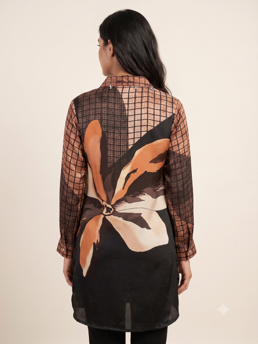 Women's Printed Silk Tunic Shirt with Collar Embellishment