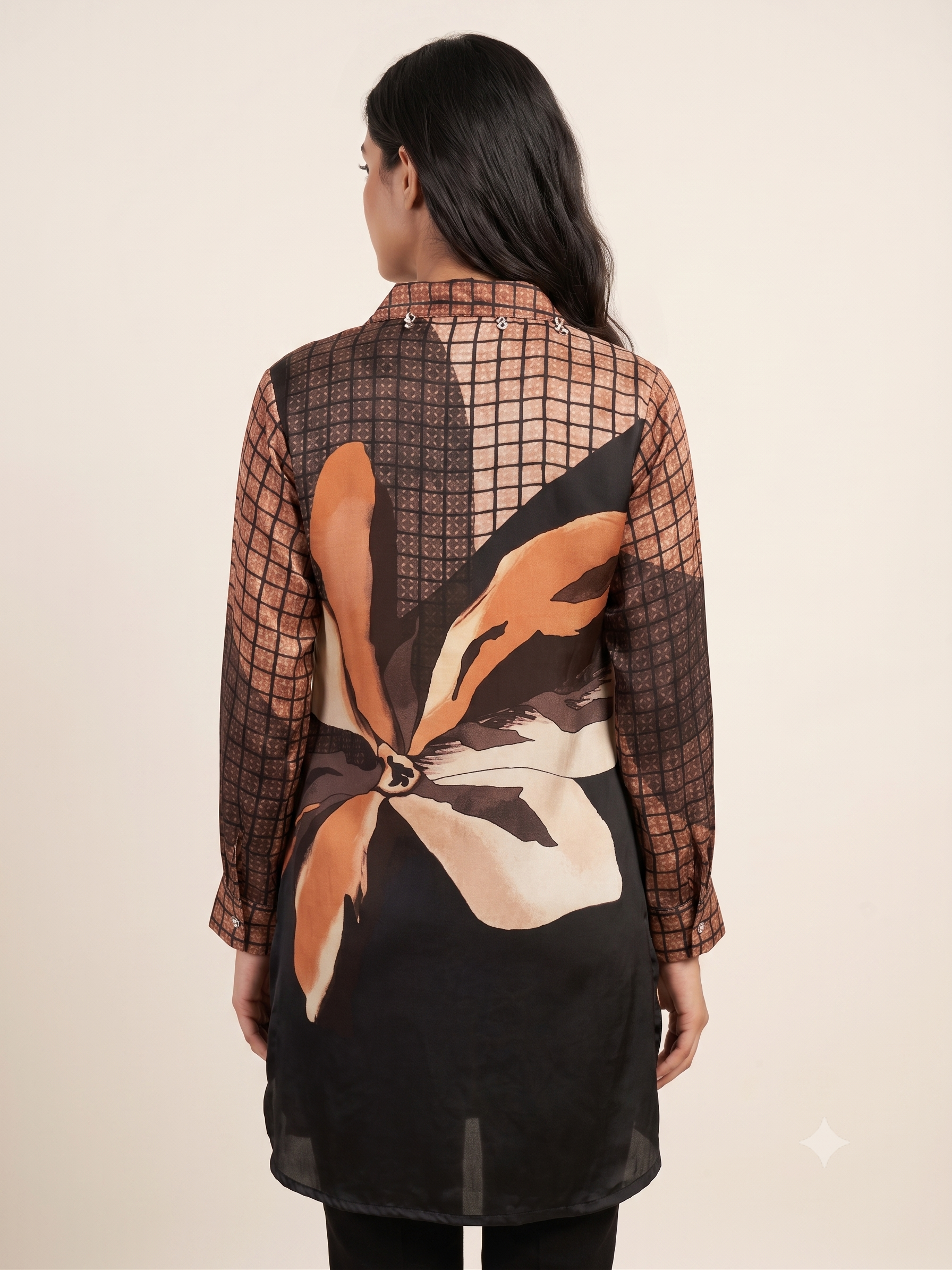 Women's Printed Silk Tunic Shirt with Collar Embellishment