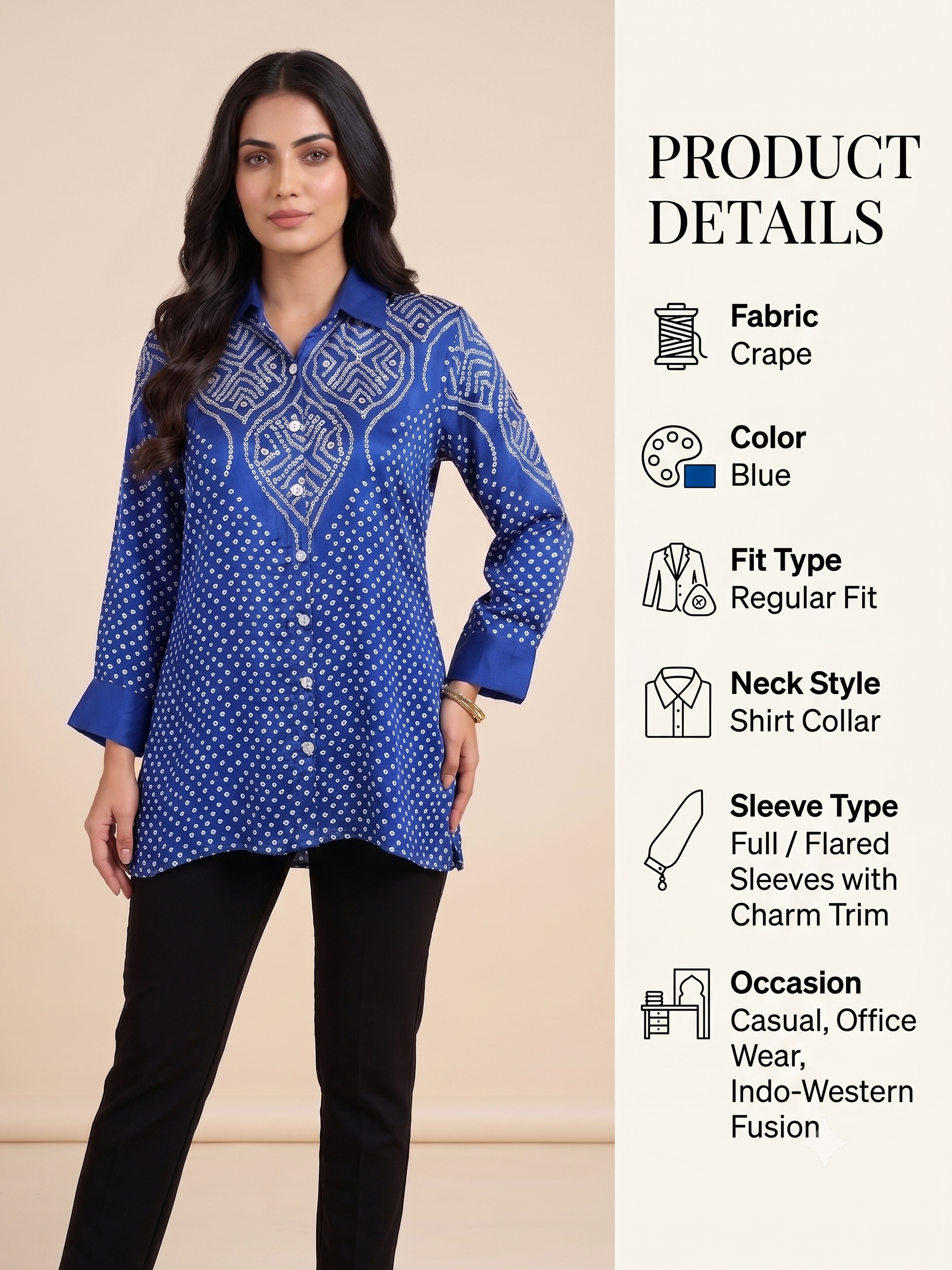 Women's Crape Bandhani Printed Indo-Western Tunic Top