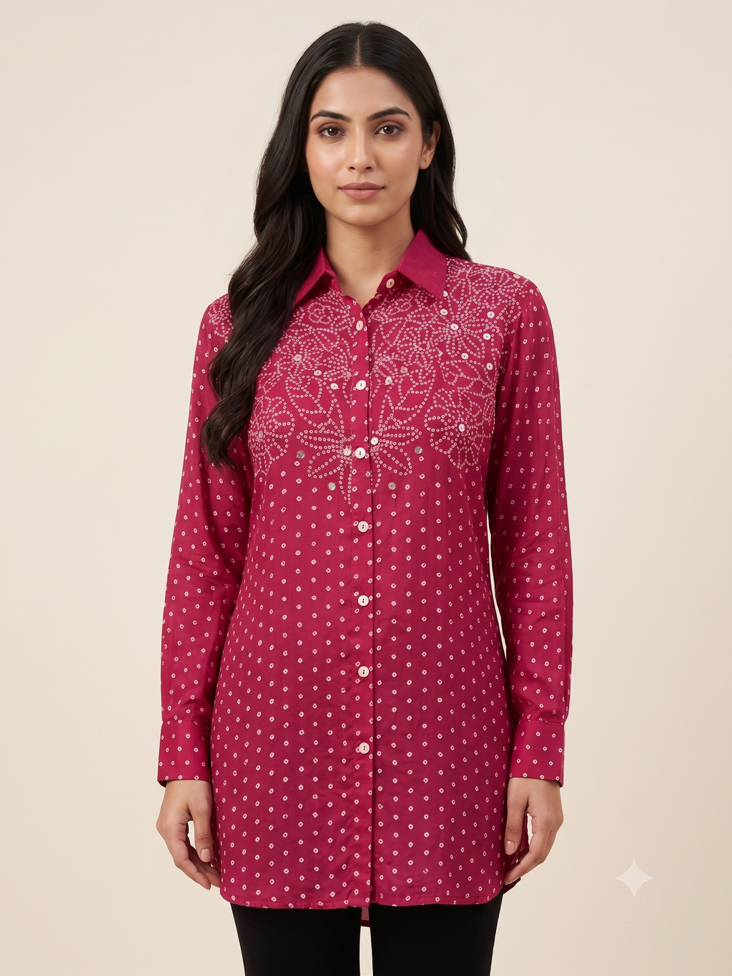 Fuchsia Pink Bandhani Printed & Sequined Crape Shirt Tunics