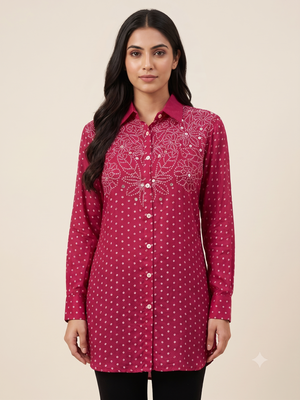 Fuchsia Pink Bandhani Printed & Sequined Crape Shirt Tunics
