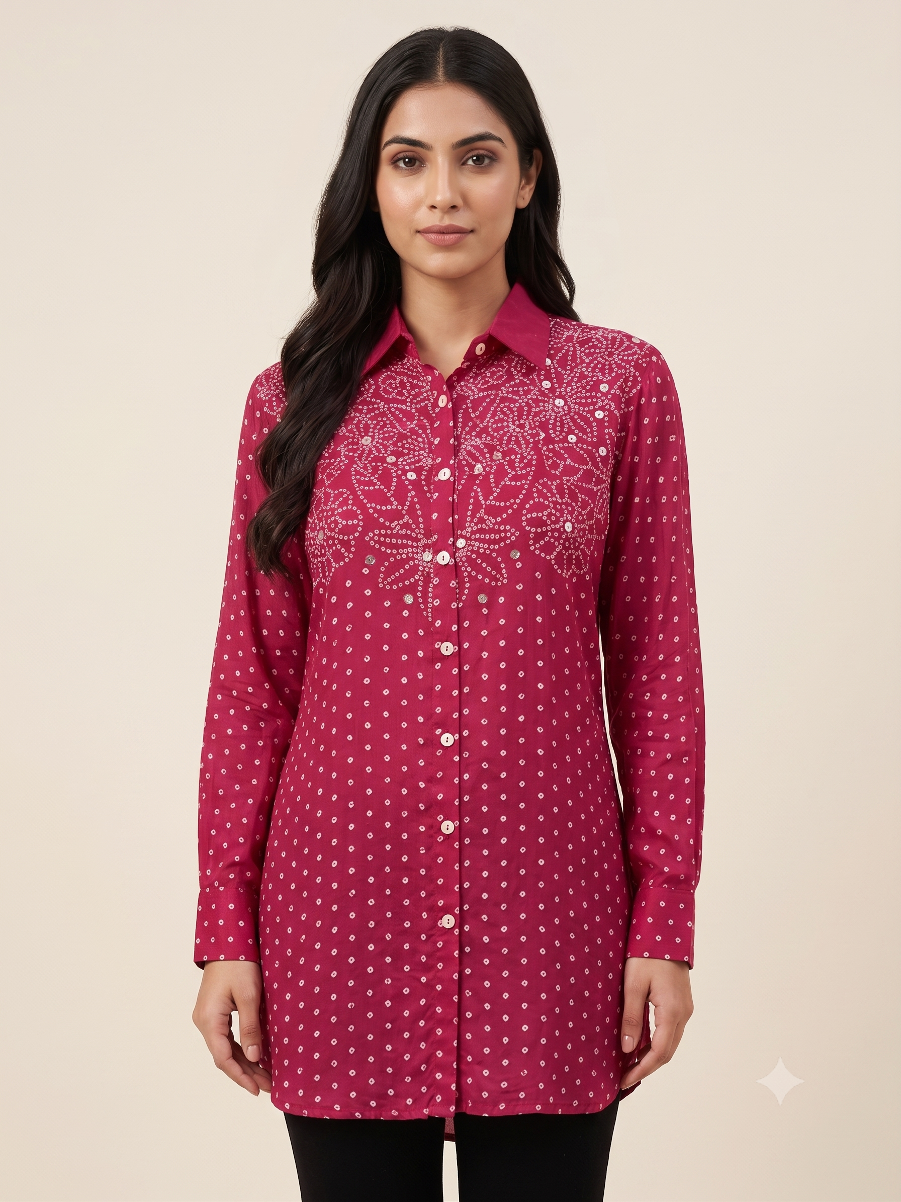 Fuchsia Pink Bandhani Printed & Sequined Crape Shirt Tunics