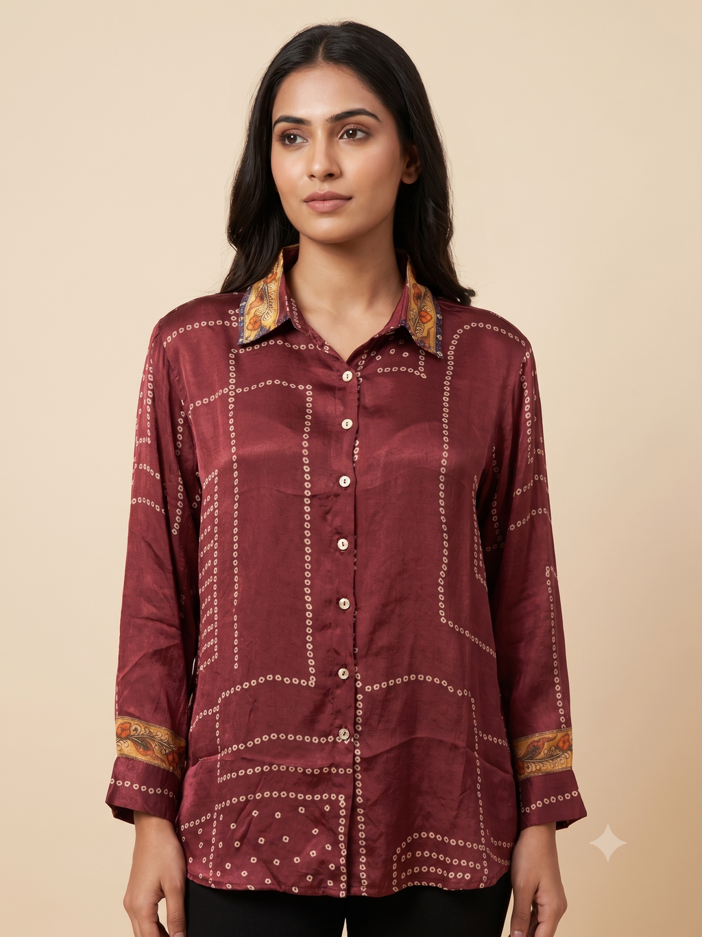 Maroon Printed Crape Indo-Western Shirt