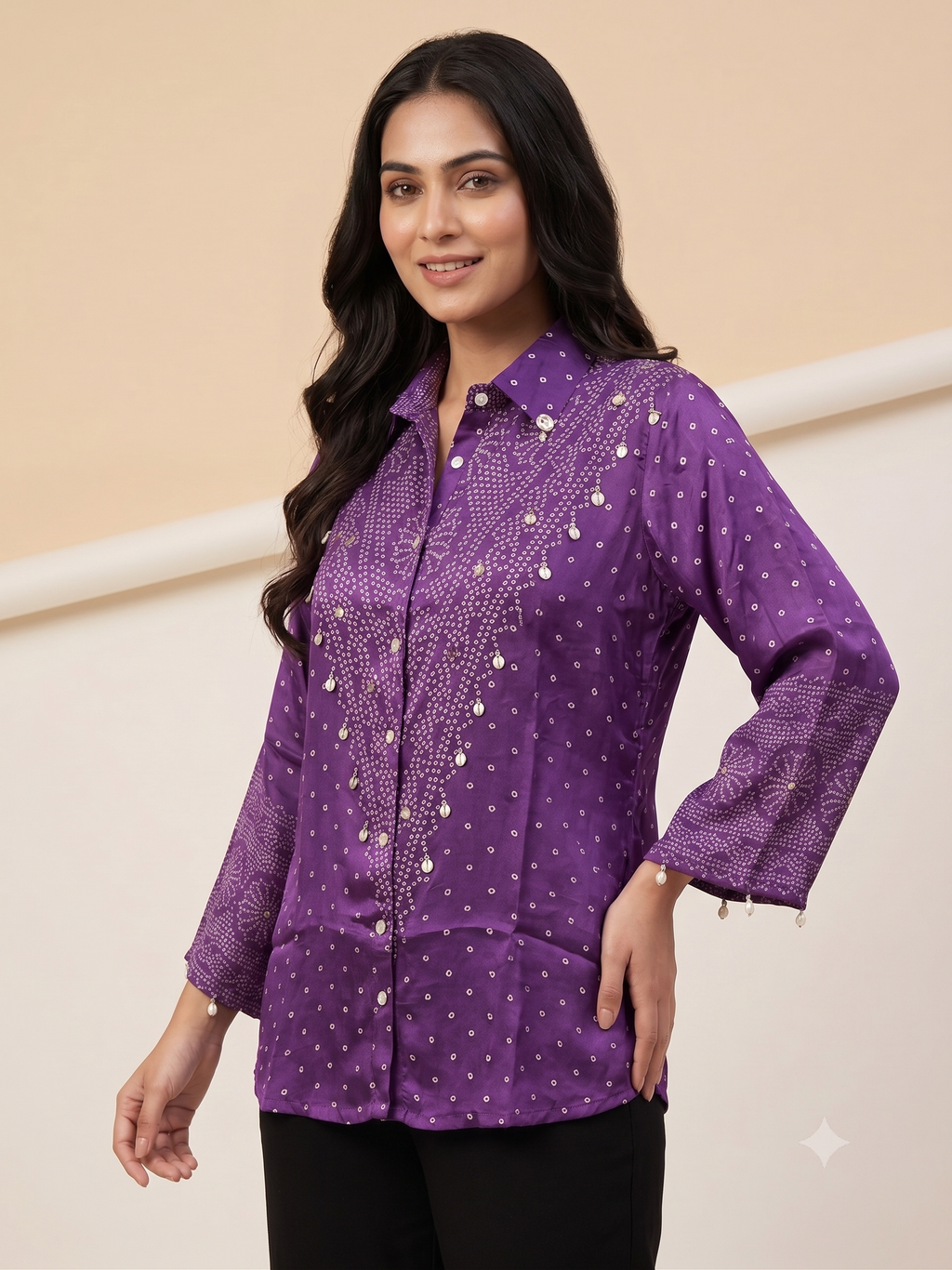 Purple Bandhani Print Crape Tunic Shirt with Charm Trim