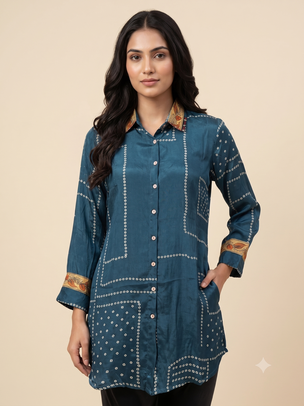 Women’s Blue Printed Crepe Indo-Western Tunic Top with Shirt Collar & Printed Trim