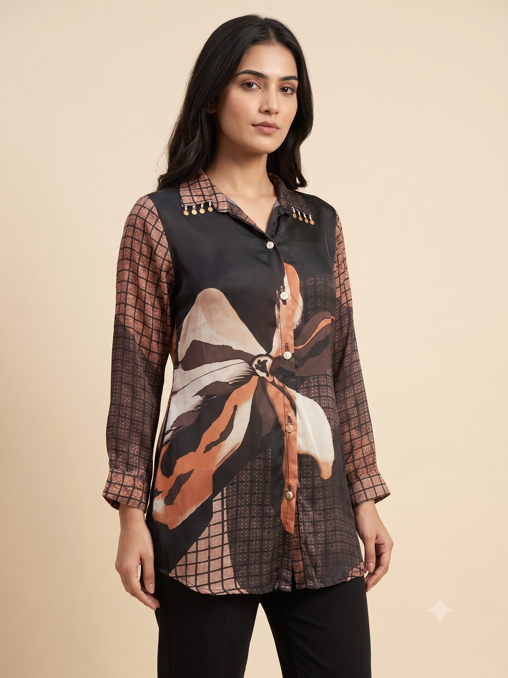 Women's Printed Silk Tunic Shirt with Collar Embellishment