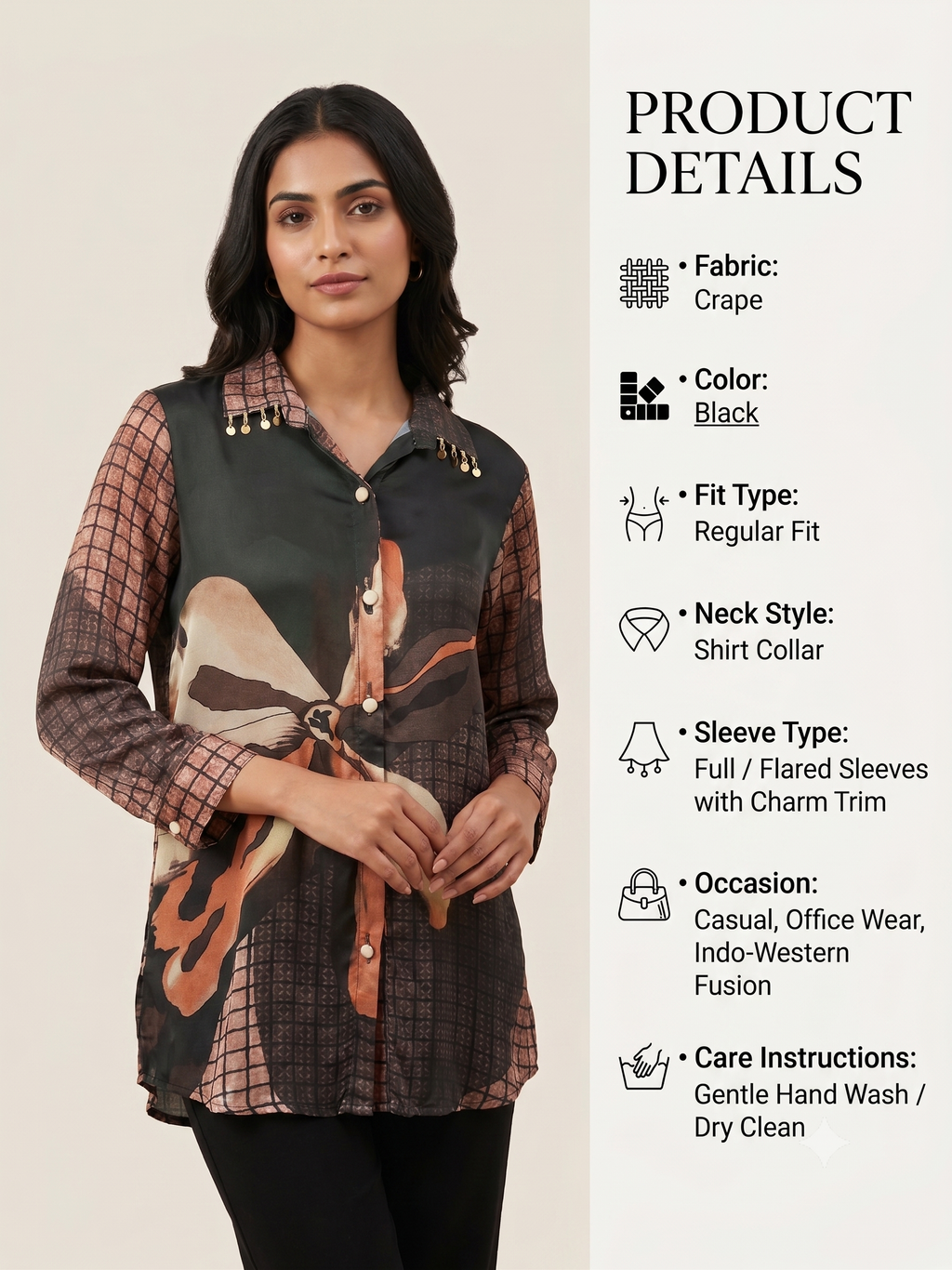 Women's Printed Silk Tunic Shirt with Collar Embellishment