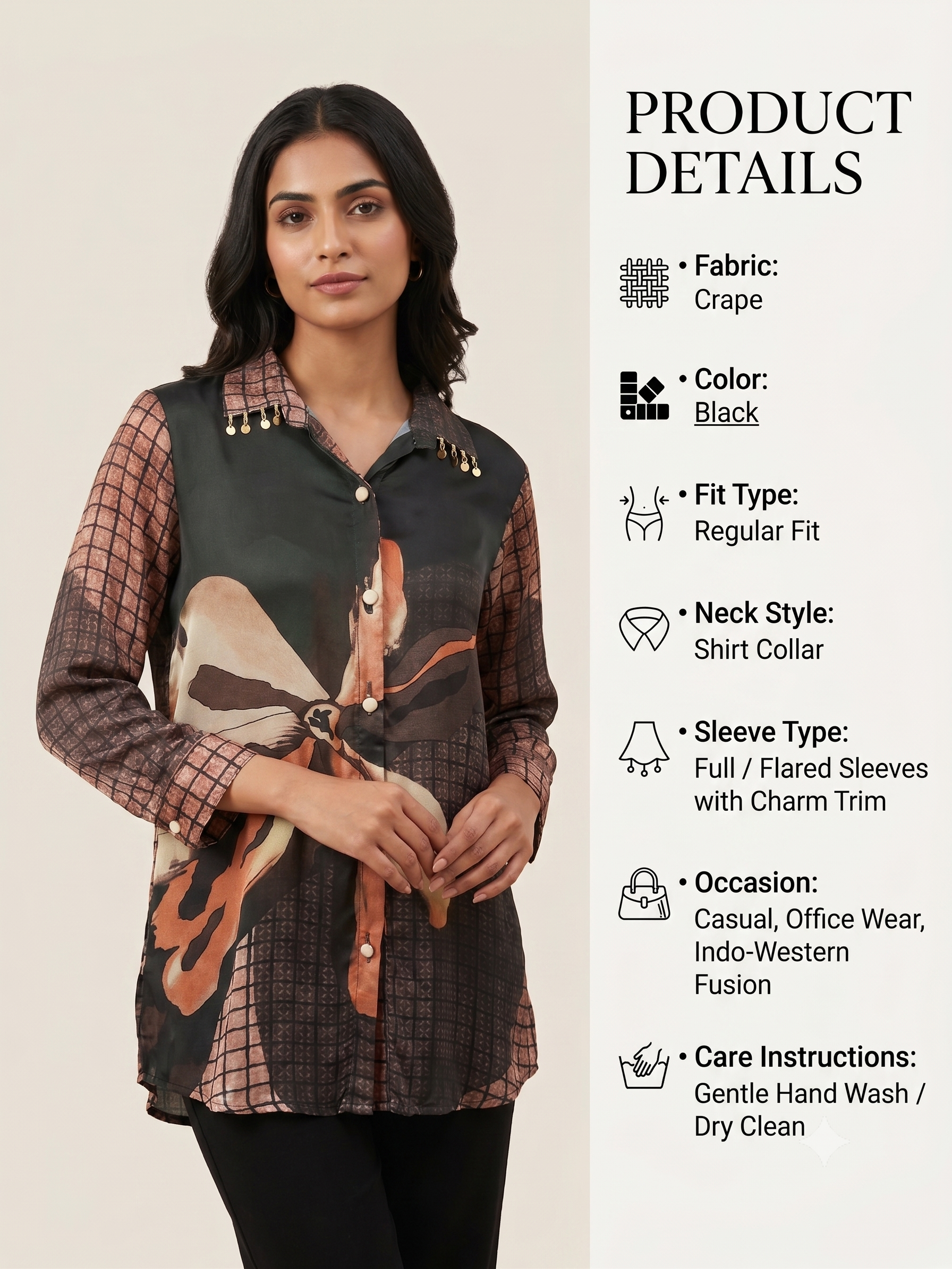 Women's Printed Silk Tunic Shirt with Collar Embellishment