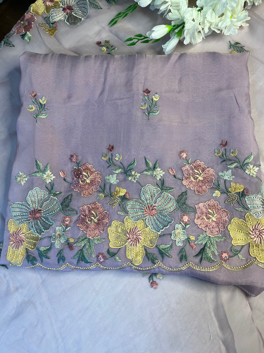 Lilac Color—Unstitched Suit—Parsi Work, Organza Fabric