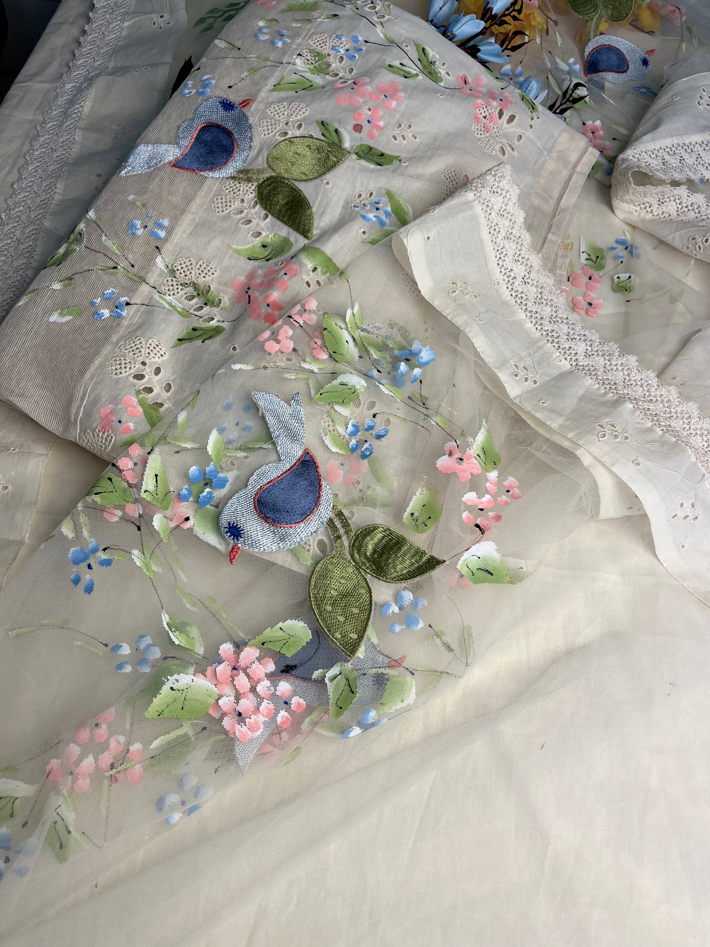 Supernet Unstitched Suit with Hand Paint & Thread Work