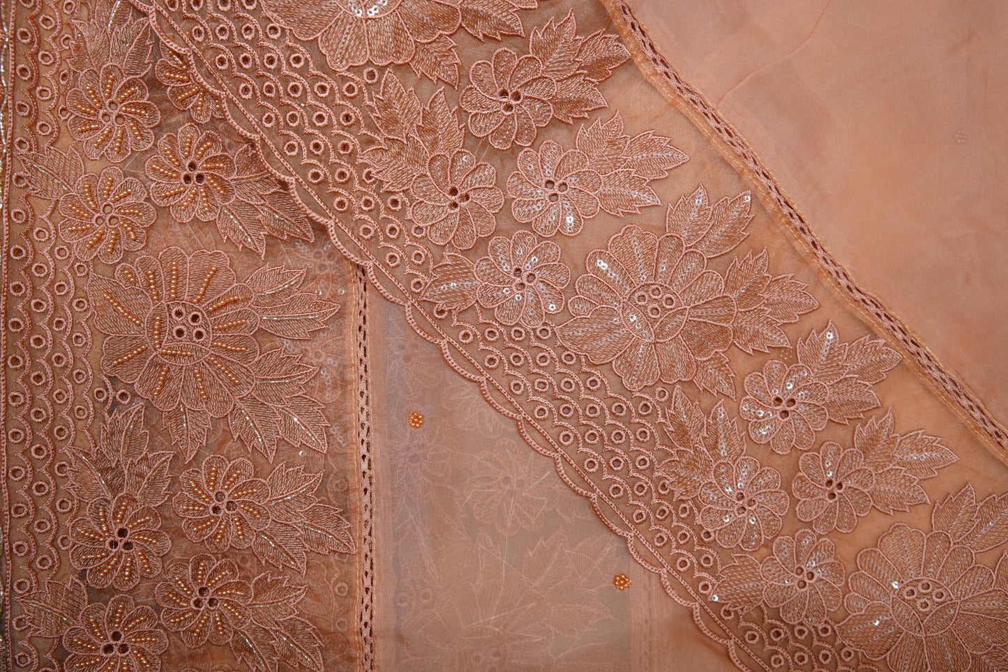 Peach Organza Thread-work Unstitched Salwar Suit