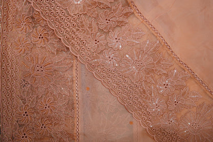 Peach Organza Thread-work Unstitched Salwar Suit