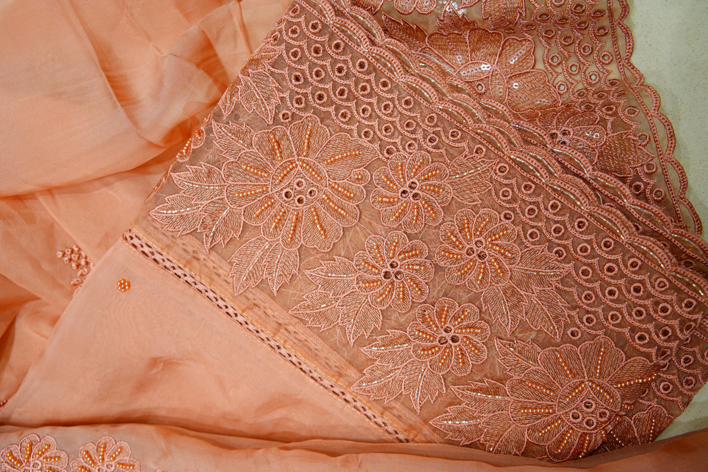Peach Organza Thread-work Unstitched Salwar Suit