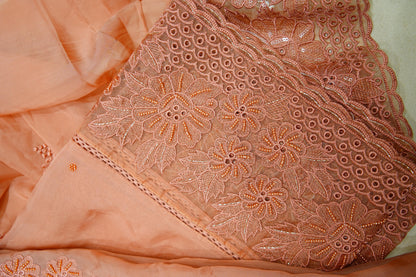 Peach Organza Thread-work Unstitched Salwar Suit