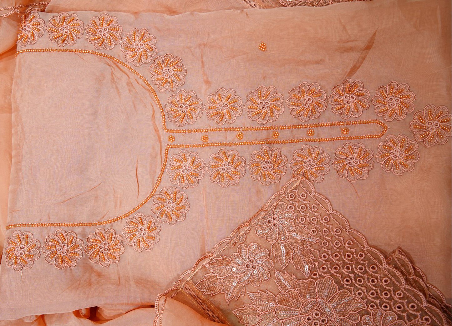 Peach Organza Thread-work Unstitched Salwar Suit