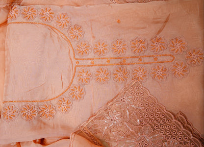 Peach Organza Thread-work Unstitched Salwar Suit