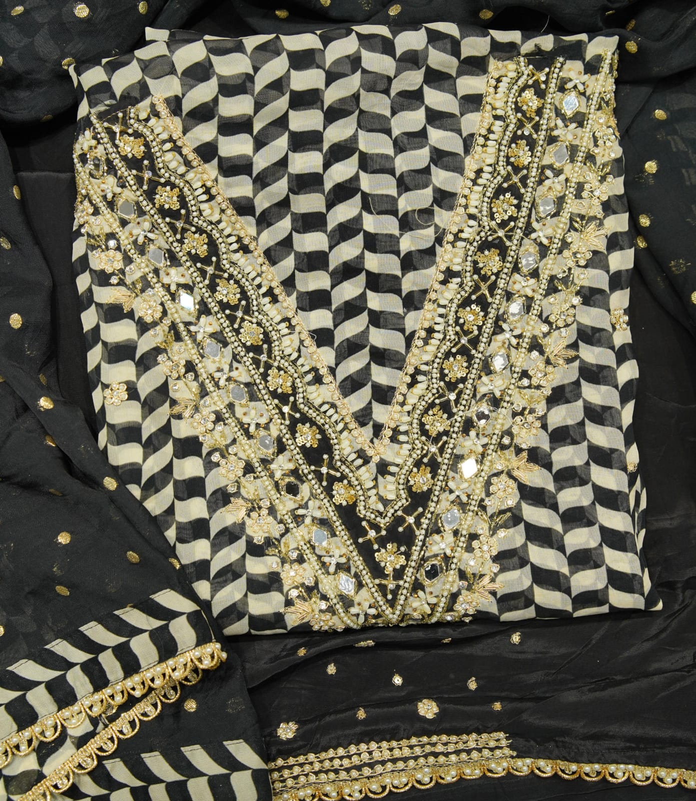 Black-White Organza Mirror-work Unstitched Salwar Suit