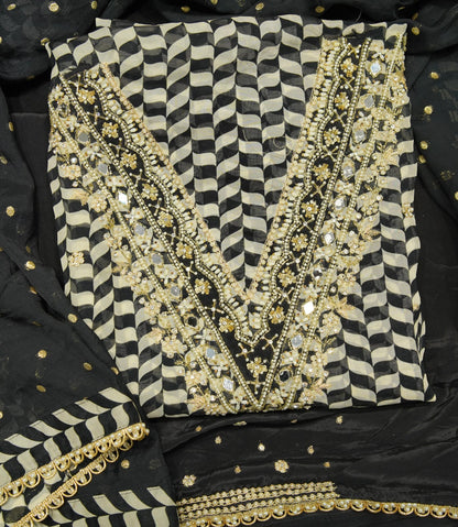 Black-White Organza Mirror-work Unstitched Salwar Suit