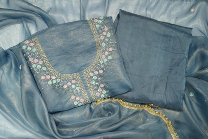 Blue Pure Shimmer Organza Unstitch Salwar Suit