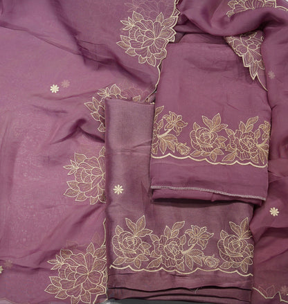 Onion Pink Organza Thread Work Unstitch Suits