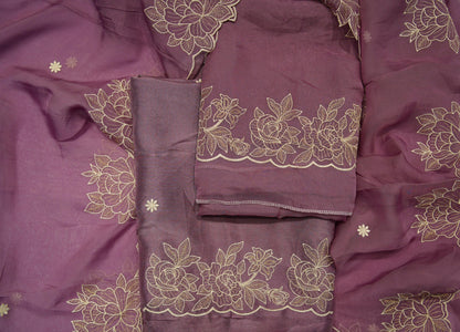 Onion Pink Organza Thread Work Unstitch Suits
